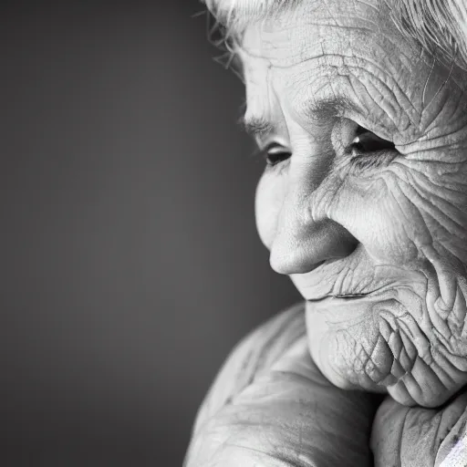 Prompt: happy old woman with wrinkles, beautiful grey hair and a tear rolling down her cheek, looking down. portrait photography, photorealistic.