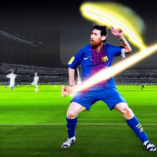Prompt: a picture of messi in a soccer stadium, shooting a kamehameha