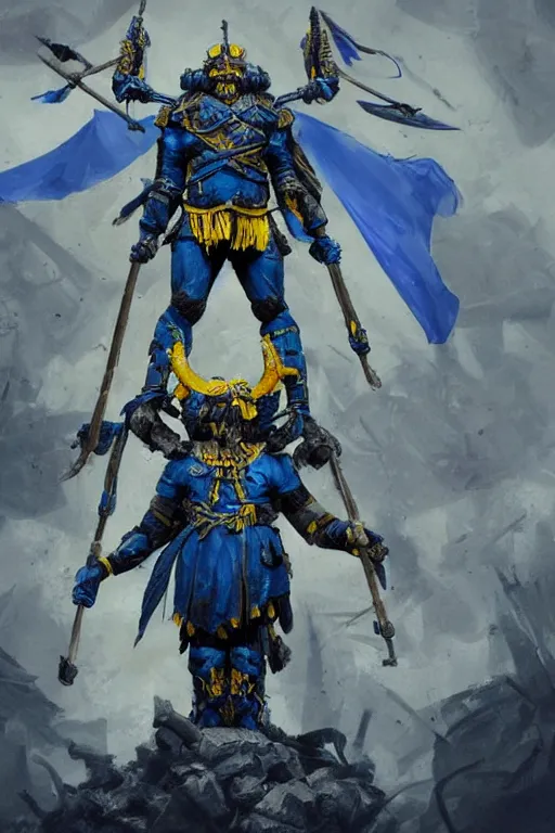 Image similar to a distant shot from below of a Ukrainian super soldier with blue and yellow flag behind him and a trident coat of arms on the chest standing alone on a huge pile of skulls posing as a winner, masculine muscular figure, D&D, fantasy, intricate, elegant, highly detailed, extremely detailed, digital painting, artstation, concept art, matte, smooth, hyper realistic, sharp focus, illustration, art by Artgerm and Greg Rutkowski and Alphonse Mucha