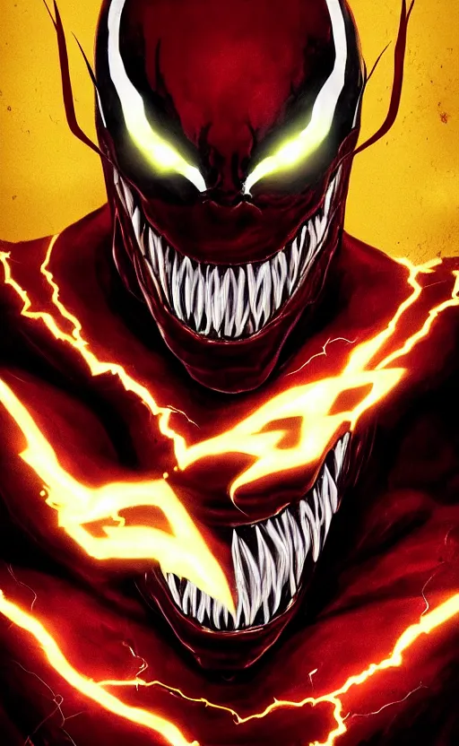 Image similar to portrait of venom as the flash, black and red, dynamic lighting, cinematic, ultra detailed, trending on art station, stunning visuals, creative, fantasy concept art