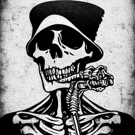 Image similar to skeleton smoking a cig, black background, noir style