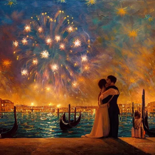 Image similar to an oil painting of couple kissing, in a background fireworks in venice