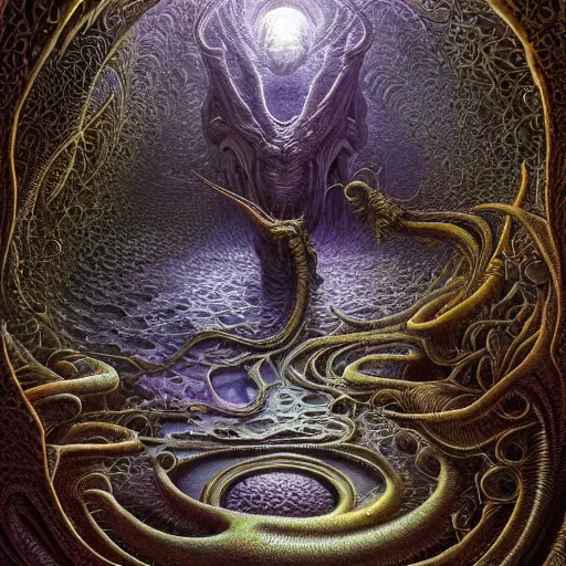 Prompt: A beautifully detailed rendering of an eldritch alien beast by michael whelan, anato finnstark, gustave dore, thomas kinkade, alex grey, and tim white art. 64 Megapixels, Hyperdetailed photorealism, AI Enhanced Digital Art, Organic, 4D Mandelbulb Psychedelics, Holographic Optical Illusions, Translucent Overtones. Art of Illusion, Artrift, finalRender, Flickr, IMAX, Polycount, r/Art, shadow depth, Sketchfab, Sketchlab, Substance Designer, VRay, depth of field, subtractive lighting, panorama, 3DEXCITE, 3Delight, 3D shading.