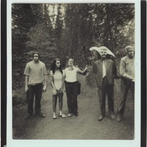 Image similar to really old polaroid photograph of horrorific extraterrestrial beings visiting earth,