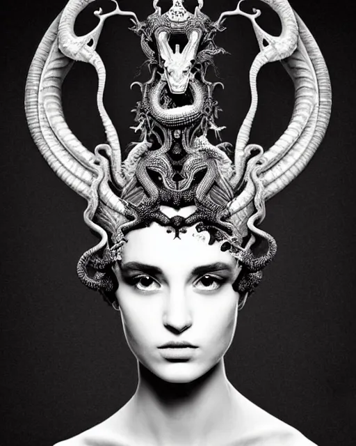 Image similar to dark background, a black and white high quality dreamy photo of a young beautiful female queen-dragon-vegetal-cyborg bust with a very long neck and delicate Mandelbrot fractal face, elegant, highly detailed, flesh highly baroque ornate, hair are curled wired cables, elegant, poetic, soft, dreamy, mysterious, high fashion, rim light, in the style of Ellen von Unwerth, Realistic, Refined, Digital Art, Highly Detailed, Cinematic Lighting, rim light, black and white, photo-realistic, 8K