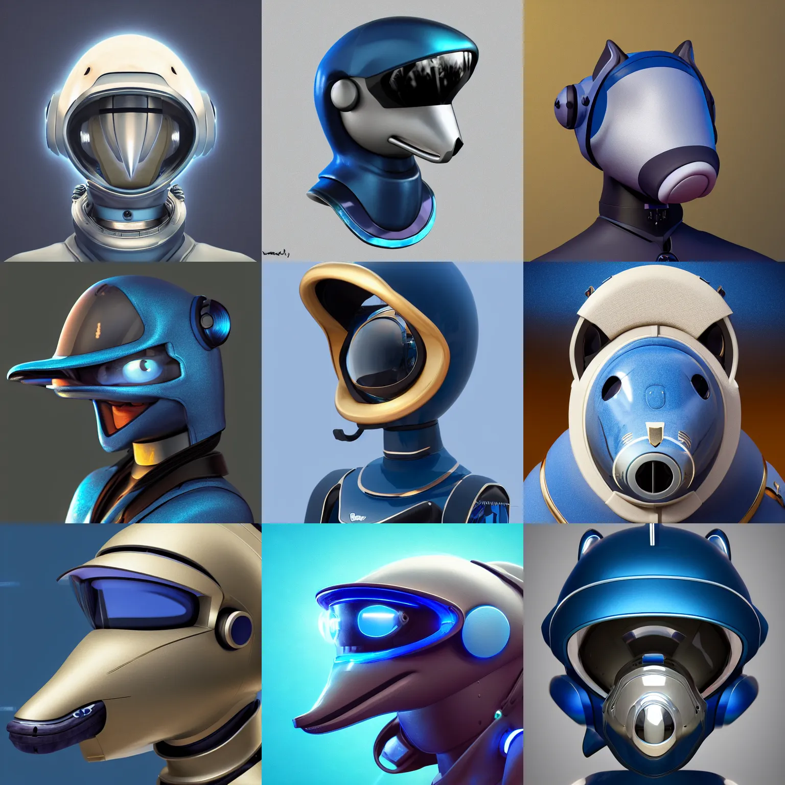 Prompt: very very beautiful furry art, bust profile picture of a robotic anthro bottlenose dolphin, face covered by visor, truncated snout under visor, round shapes, all dark blue metal, commission on furaffinity, cgsociety, octane render