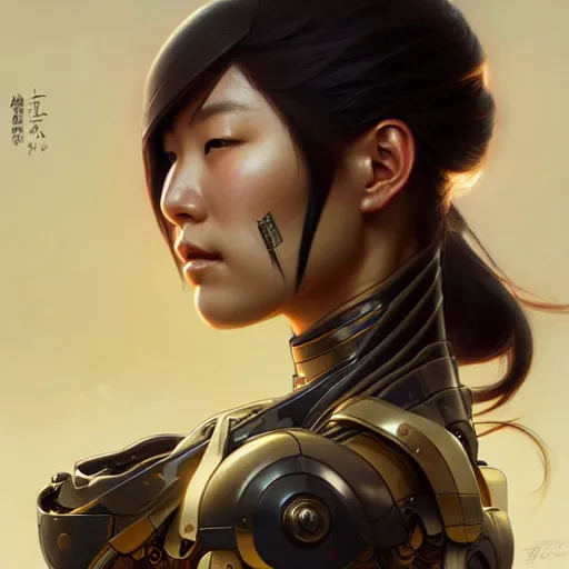 Image similar to ultra realistic illustration, a japanese female cyborg soldier, intricate, elegant, highly detailed, digital painting, artstation, concept art, smooth, sharp focus, illustration, art by artgerm and greg rutkowski and alphonse mucha