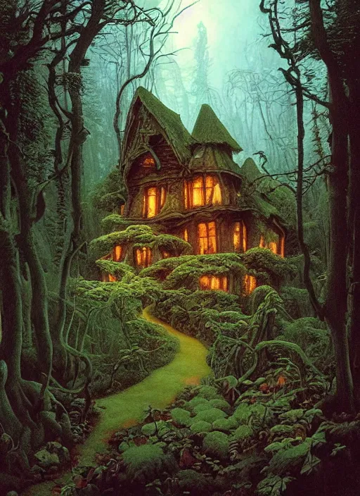 Image similar to hyper realistic witch cottage rococo in the woods gorgeous lighting, highly detailed, lush forest painting by zdzisław beksinski and norman rockwell and greg rutkowskiweta studio, and lucasfilm