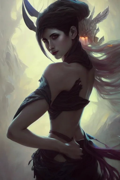 Prompt: portrait of Kalista from League of Legends, dreamy and ethereal and dark, dark eyes, smiling expression, dark fantasy, chaotic, elegant, highly detailed, digital painting, artstation, concept art, smooth, sharp focus, illustration, art by artgerm and greg rutkowski and alphonse mucha