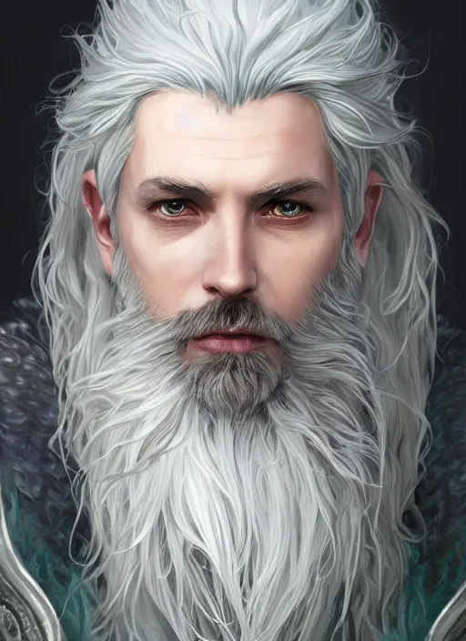 Prompt: Portrait of hexblade warlock angel, glowing white eyes, silver shaggy hair, short scruffy beard, cloak, teal ethereal tendril wings, male, fantasy, extremely detailed, digital painting, artstation, concept art, smooth, sharp focus, illustration, stunning lighting, art by artgerm and greg rutkowski and alphonse mucha and simon stalenhag, realistic character concept, high fantasy, light atmosphere, golden ratio, cinematic lighting, hyperdetailed, high resolution, insanely detailed and intricate, artstation, Marc Simonetti, Greg Rutkowski