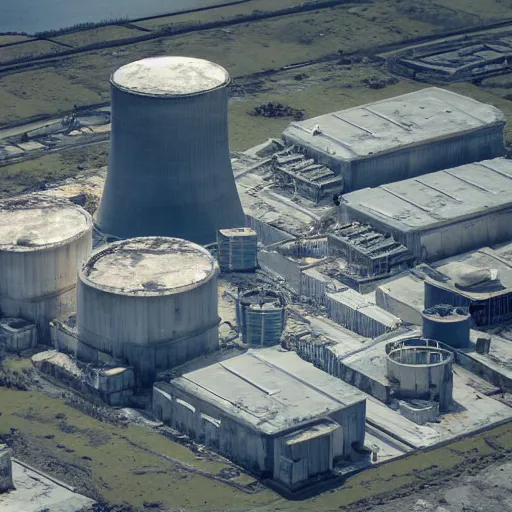 Image similar to top down aerial view of dilapidated nuclear plant with cooling tower in real life, desolate with zombies, dilapidated, zombies in the streets, nightmarish, some rusted style pipes, sunny weather, few clouds, volumetric lighting, photorealistic, daytime, autumn, sharp focus, ultra detailed, cgsociety