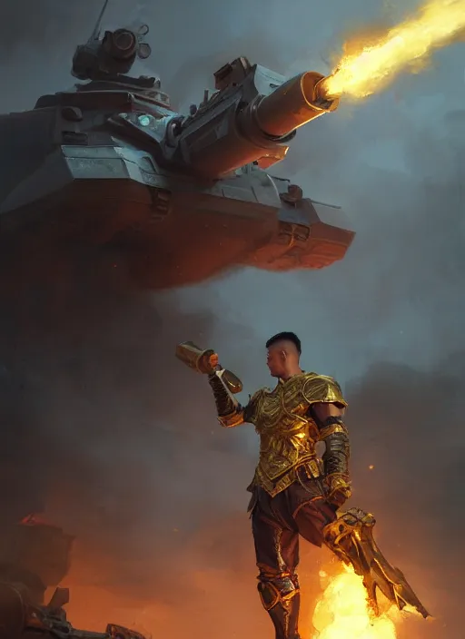 Image similar to a filipino man holding a golden mace standing next to a tank, fantasy, digital painting, d & d, character by artgerm and ruan jia, landscape by greg rutkowski, volumetric light, intricate, sharp, focus, bloom, illustration, highly detailed, concept art, masterpiece