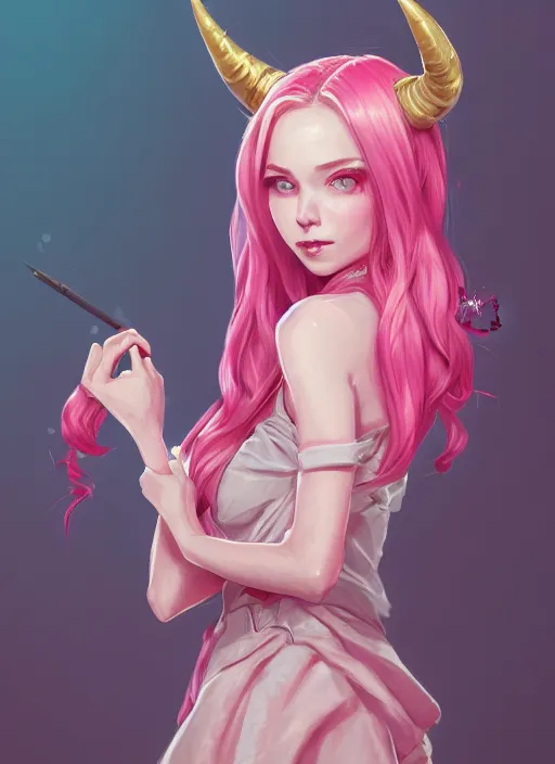 Image similar to a highly detailed illustration of cute smug pink haired pale girl with horns wearing pink dress, dramatic smirk pose, intricate, elegant, highly detailed, centered, digital painting, artstation, concept art, smooth, sharp focus, league of legends concept art, wlop.