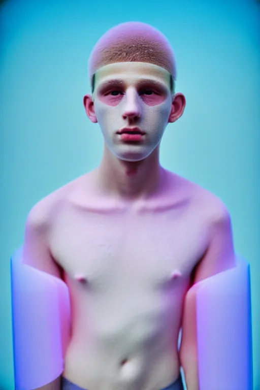 Image similar to high quality pastel coloured film mid angle portrait photograph of a beautiful young 2 0 year old male, soft features, short hair, perspex mask and oversized inflated clothing!!!! icelandic black! rock pool environment. atmospheric three point light. photographic. art directed. ( pastel colours ). volumetric. clearcoat. waves. 8 k. filmic.