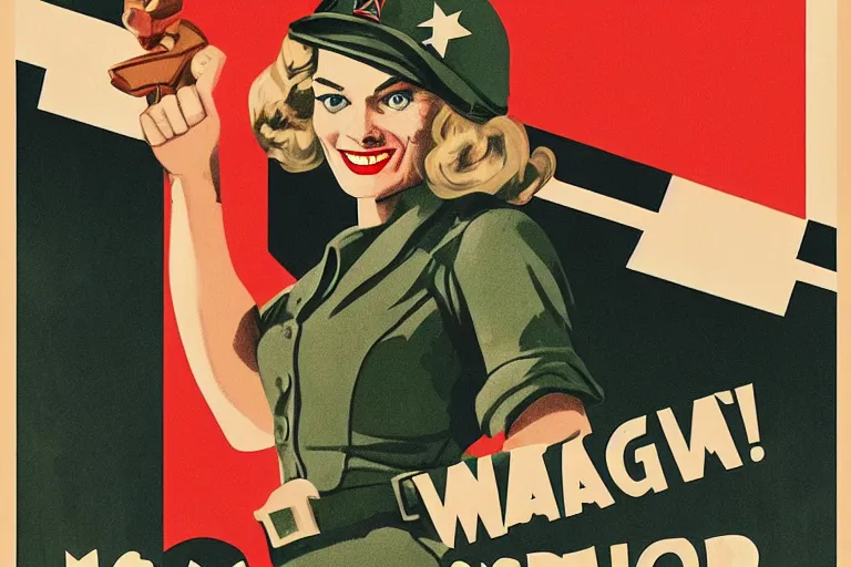 Prompt: A WW2 style propaganda poster with Margot Robbie as a bomber girl