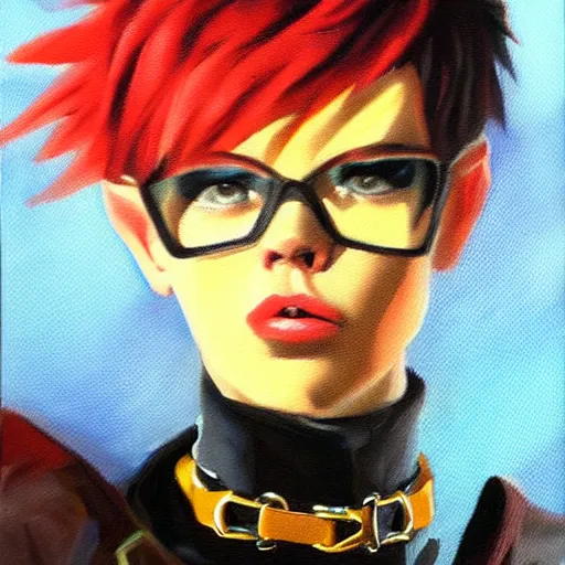 Prompt: oil painting of punk looking tracer wearing steel choker,