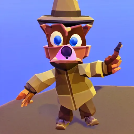 Prompt: screenshot of a humanoid inspector badger with a brown trenchcoat as an npc in spyro the dragon video game, with low poly playstation 1 graphics, upscaled to high resolution
