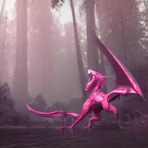 Prompt: a girl dressed in a pink knight armor fights a huge red dragon in the deep forest, highly detailed, intrusion atmosphere, unreal engine
