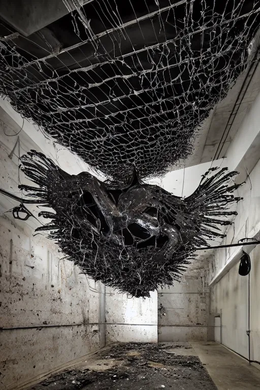 Prompt: ASYMMETRICAL irregular brutalist black-metal winged sculptures made of glossy black liquid latex and industrial hardware, jagged spiraling shapes, spidery edges, hanging from ceiling in abandoned basement, designed by nancy grossman, anish kapoor, herman nitsch, 8k, hyperrealistic, hyper-detailed, highly textured, gloss finish, dark volumetric lighting