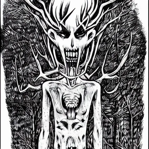 Image similar to a wendigo drawn by junji ito, horrifying, creepy,