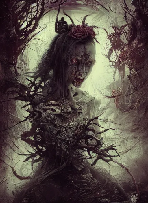 Image similar to Alice attends Mad Tea Party,highly detailed,half skull face,cinematic,8k,by Stanley Artgermm,Tom Bagshaw,Greg Rutkowski,Carne Griffiths, Ayami Kojima, Beksinski, Giger,trending on DeviantArt,hyper detailed,horror, full of colour