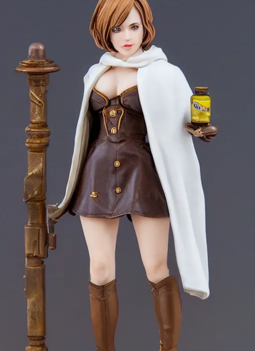 Image similar to 80mm resin detailed miniature of a female alchemist with short brown hair wearing a short dress, white stockings, leather boots and cape, Product Introduction Photos, 4K, Full body