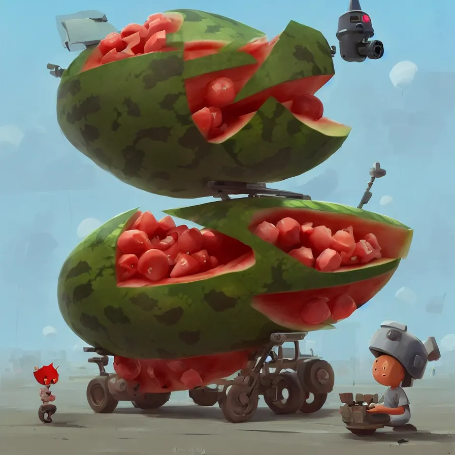 Image similar to Goro Fujita illustrating a watermelon military machine defending a city, art by Goro Fujita, sharp focus, highly detailed, ArtStation