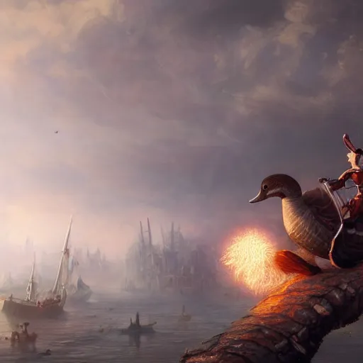 Image similar to hamster riding giant duck, oil painting, steampunk clothes, steampunk city background, sharp focus, fantasy style, octane render, volumetric lighting, 8k high definition, by greg rutkowski, highly detailed, trending on art Station, magic the gathering artwork explosions, centered