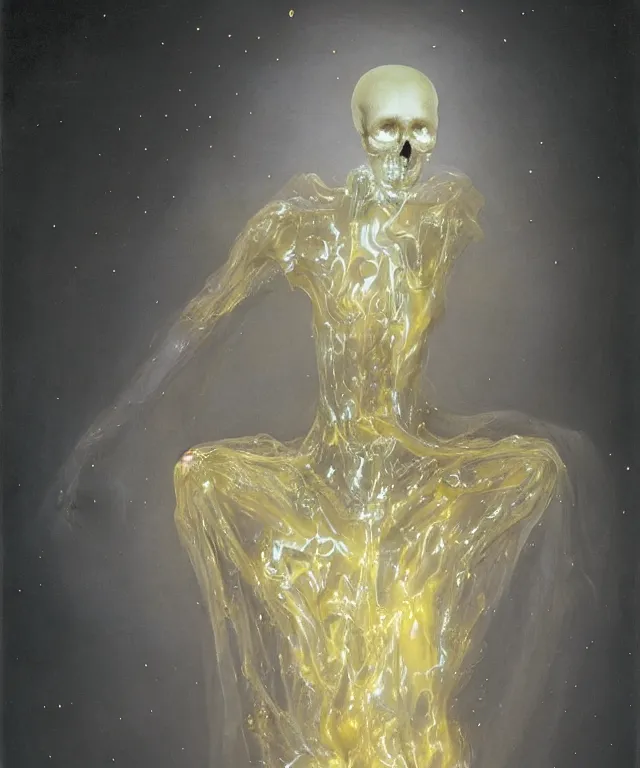 Image similar to Beautiful full-body wax sculpture of a glowing transparent woman with a skull face in glowing dress with visible gold bones covered with melted white wax inside the singularity where stars becoming baroque folds of dark matter by Michelangelo da Caravaggio, Nicola Samori, William Blake, Alex Grey and Beksinski, dramatic volumetric lighting, highly detailed oil painting, 8k, masterpiece