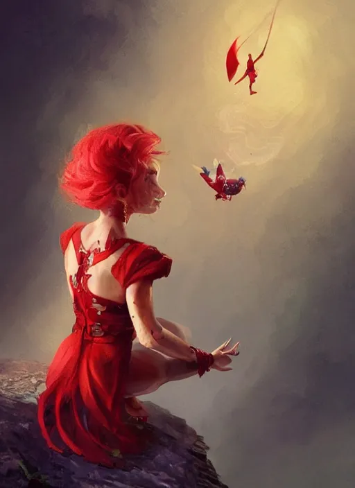 Image similar to Image of tiny pixie sitting on top of a human hand, D&D fantasy, wearing a red dress, intricate, highly detailed, digital painting, artstation, concept art, sharp focus, illustration, art by greg rutkowski and Ross Tran