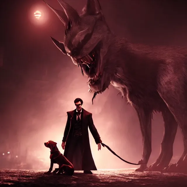 Image similar to vampire and his dog, hyper realism, cinematic shot, dramatic ambient lighting, epic composition, fine details, unreal engine, 8 k, concept art, digital art, deviantart artstation, ray tracing, intricate complexity, extremely detailed, very sharp,