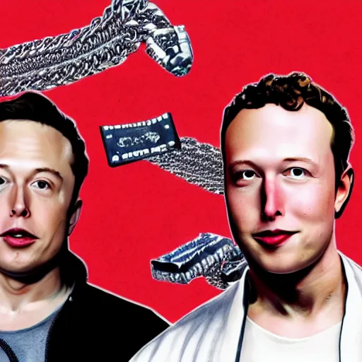 Prompt: elon musk and mark zuckerburg wearing gold chains on a 90s rap album cover. They wear hats backwards and elon throws money in the air.