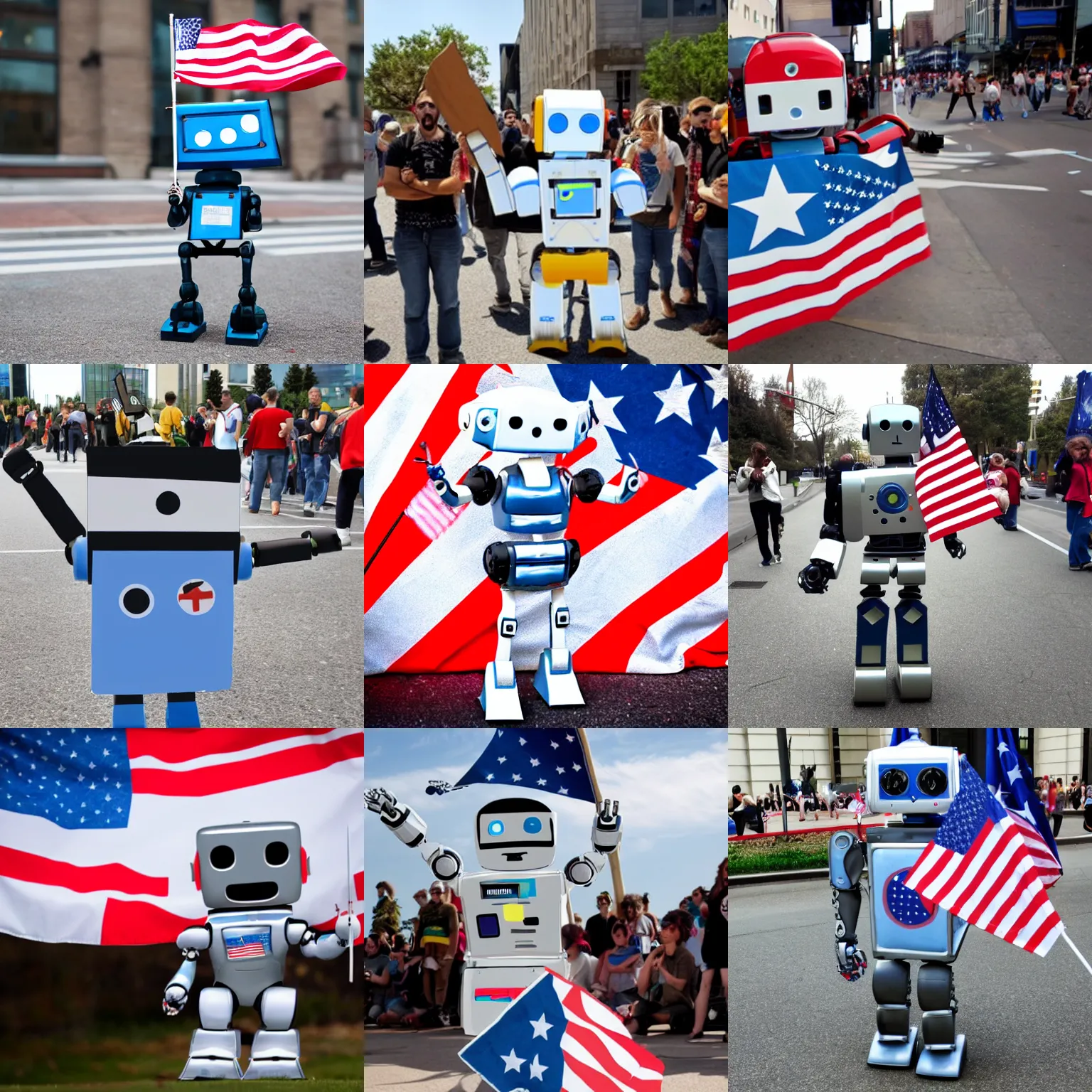 Prompt: Adorable robot freedom fighter holding up a flag and protesting