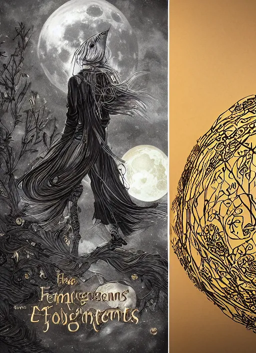 Image similar to golden elements at borders, portrait, A young witch and a crow in front of the full big moon, creative book cover, winner of design award, red roses, red white black colors, establishing shot, extremly high detail, foto realistic, cinematic lighting, pen and ink, intricate line drawings, by Yoshitaka Amano, Ruan Jia, Kentaro Miura, Artgerm, post processed, concept art, artstation, matte painting, style by eddie, raphael lacoste, alex ross