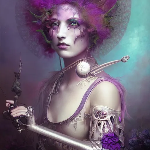 Prompt: by tom bagshaw, photorealistic portrait of a curiosities carnival, single beautiful in a full gothic armor, multiple dyed colors purple black lustrous thin haircut, marvel, symmetry accurate features, focus, rainbow lighting, very intricate details, award winning masterpiece, ultra deep fog background