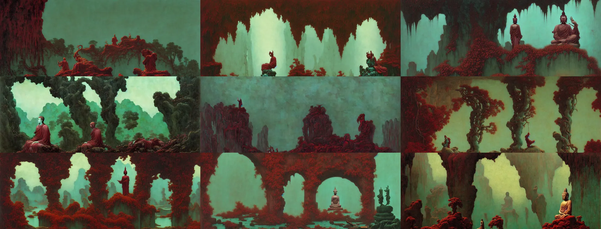 Image similar to a gorgeous bleak autumn painting by barlowe wayne, maxfield parrish, gustave dore and marco mazzoni. close - up shot on a lonely huge wet chinese buddha statue, broken, stone gate to the dark cave, vines. tiffany blue, maroon, blackish green. the winding stone steps. ultra clear detailed. 3 d, octane render. turbulent blood lake.