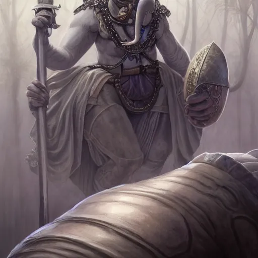 Image similar to fantasy portrait, elephant man, d & d loxodon, wearing loincloth, holding holy symbol, fat, grey, rpg game, main character, detailed, digital painting, artstation, sharp focus, illustration, tomasz alen kopera, peter mohrbacher, donato giancola, joseph christian leyendecker, wlop, frank frazetta