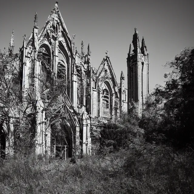 Prompt: exterior of an abandoned cathedral with overgrown vegetation, vintage infrared photograph