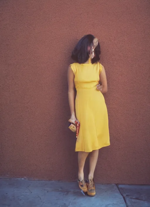 Prompt: portrait photo of a beautiful brown hair woman in a yellow sun dress in downtown Los Angeles, Kodak Portra 400 film