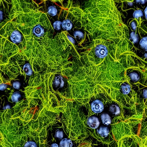 Image similar to closeup of a leafy blueberry bush in nordic forest with moss and twigs. Digital art. 4K. Artistic. Detailed drawing. Trending on artstation.