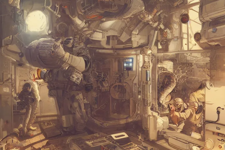 Image similar to hyperrealistic photography of a machine entering an astronaut host in the style of Jin Kagetsu, James Jean and wlop, highly detailed, sharp focus, intricate concept art, digital painting, ambient lighting, deep colors, 4k, artstation