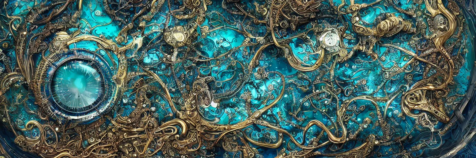 Image similar to Jaquet Droz, Tomer Hanuka, smooth liquid metal with detailed line work, Mandelblub fractal, Exquisite detail, blue neon details, red neon details, green neon details, white neon details, hyper detailed, intricate charcoal illustration, golden ratio, steampunk, smoke, neon lights, steampunk forest background, liquid polished metal, by peter mohrbacher trending on artstation, photo realistic, octane render