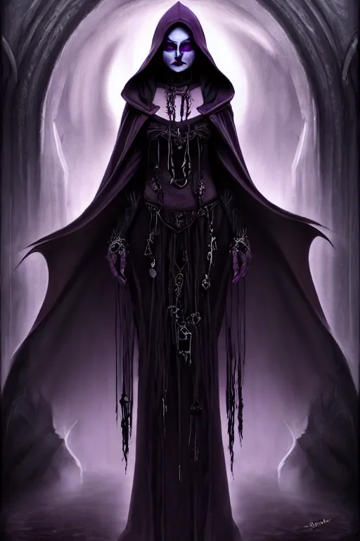 Image similar to hyper realistic portrait art of a female drow necromancer, wearing gothic trinkets, beautiful face, dark hooded robes, moonlit, ghostly atmosphere, spirits, long dark hair, by stanley artgerm lau, wlop, rossdraws, james jean, andrei riabovitchev, marc simonetti, and sakimichan, tranding on artstation