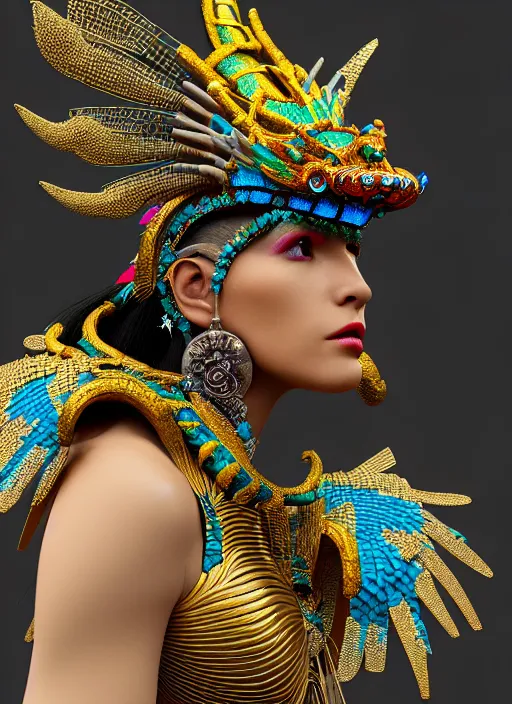 Image similar to 3 d goddess close - up profile portrait. beautiful intricate highly detailed mexican magpie helm and traditional mexican huipil! quetzalcoatl, stingray, bio luminescent, plasma, lava, ice, water, wind, stormy, creature, artwork by tooth wu and wlop and annie leibovitz, octane 3 d render