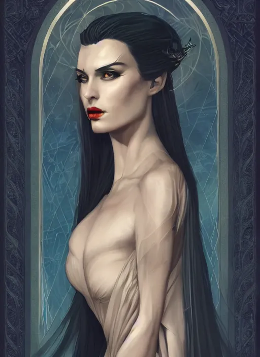 Image similar to tarot!!, high priestess, no noise, elegant, concept art, sharp focus, beautiful face!!, digital art, smooth defined outlines!!, human anatomy, human structure, vector background, dark fairy queen, by Brom, trending on Artstation, Tom Bagshaw, Sargent