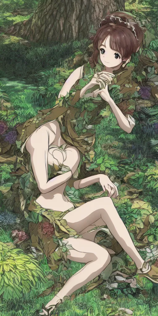 Prompt: landscape shot of a highly detailed queen sitting by herself on a sofa in a forest, drawn by CloverWorks, elegant, beauty,