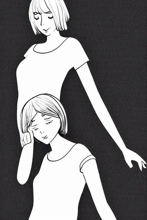 Image similar to portrait of a girl in long pants and a top, hands in pockets, eyes closed, bob haircut, digital art, black and white, simple, manga style