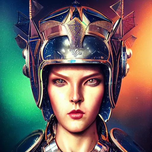 Prompt: tom bagshaw, rainbow lighting world curiosities carnival stars, photorealistic medium shot octane render of a single very beautiful thicc female helmet face full long cyberpunk metallic armored ornate, accurate features, focus, very intricate ultrafine details, award winning masterpiece