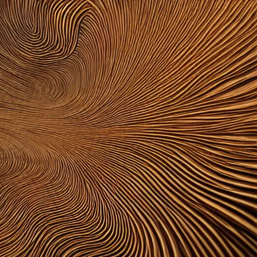 Image similar to a very intricate wood sculpture in the shape and texture of waves, fractal patterns, deep and expressive grain patterns, volumetric lighting, light rays, photorealistic, ultrarealistic, coronarender, 8k