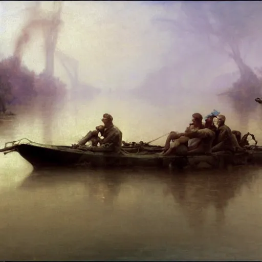 Image similar to wide jungle river army patrol boat tail of a crashed plane in the water ancient statues on the river banks, moody ambience, fog, smoke, dramatic, oil painting by repin, mucha, zorn, 4 k, trending on artstation